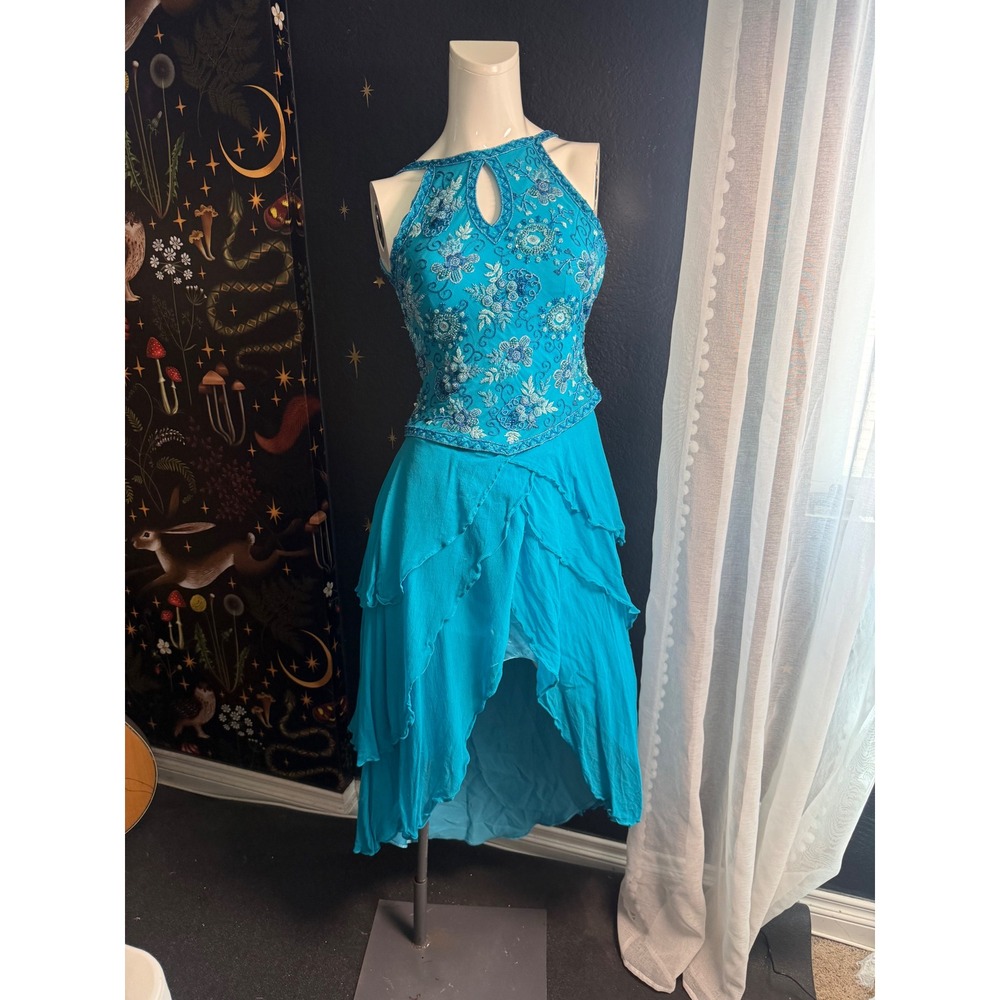 Scala Silk Beaded Embroidered High Low Ruffle Dress Turquoise Blue Size
FLAW M